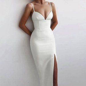 White Strappy Sleeveless Slit Midi Bandage Dress